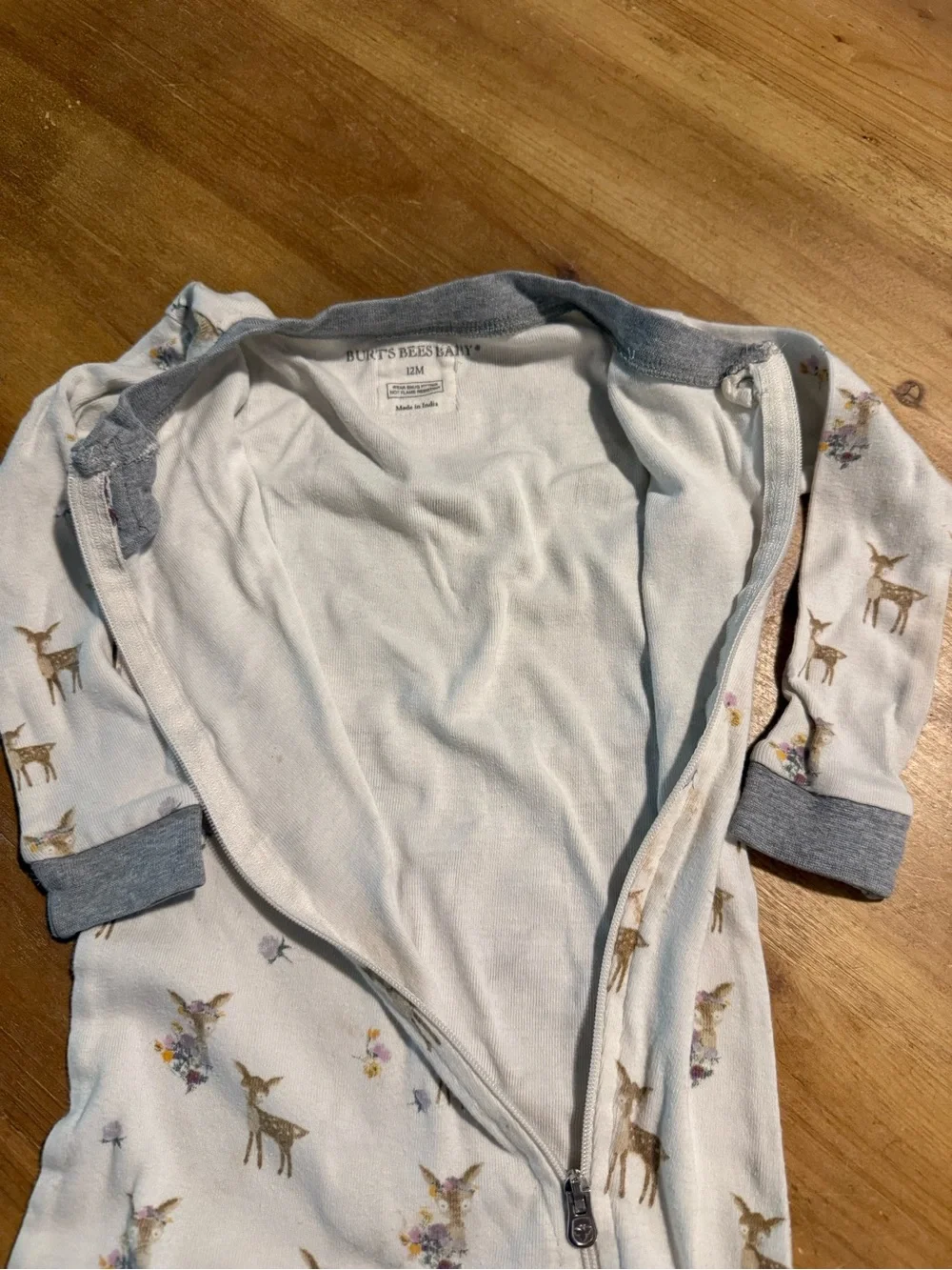 Soft Footed Baby One-Piece Pajama in White with Blue Trim – Deer Print